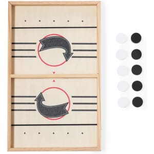 A wooden game board featuring two horizontal play areas with a central arrow design, accompanied by black and white tokens.