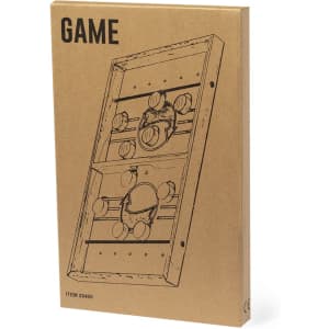 A brown cardboard box featuring a game board design with various round features, including a logo on the front.