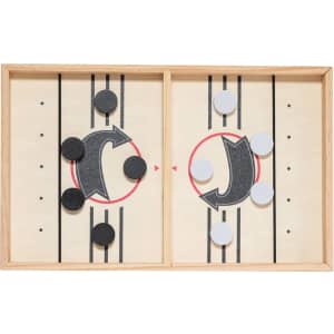 A wooden board game with a divided playing area, featuring black and white game pieces. It has a logo and markings.