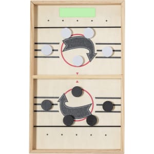 A wooden game board featuring black, white, and grey tokens, with a simple design of arrows and lines.