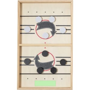 A wooden game board featuring a two-player design with black, white, and grey pieces on a light background.
