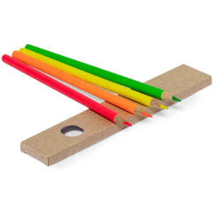 A set of five colourful pencils: red, orange, yellow, green, and a cardboard holder. The pencils are wooden with sharpened tips.