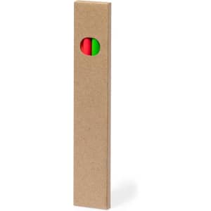 A wooden pencil set in a brown cardboard box, featuring red and green pencils visible through a circular cutout.