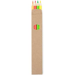 A pencil set featuring vibrant red, orange, yellow, green, and blue pencils in a simple kraft packaging with a window.