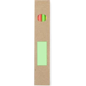 A pencil set in a kraft cardboard holder, featuring three wooden pencils in vibrant colours: red, green, and orange.