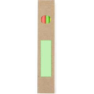 A pencil set in a kraft paper sleeve, featuring brightly coloured wooden pencils in pink and green.
