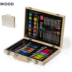 A wooden pencil case containing various coloured pencils, markers, watercolours, and accessories, all neatly organised.