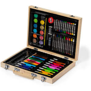 A wooden pencil case, brightly coloured, containing various pens, pencils, crayons, and a palette of paints.