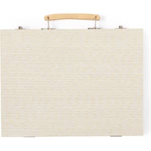A white pencil case with a textured surface and a wooden handle. It features metal clasps for closure.