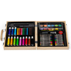 A pencil case with a variety of colourful markers, pencils, watercolours, and a black storage compartment, featuring a logo.