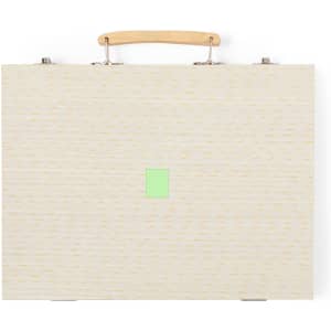 A white pencil case with a textured finish and a wooden handle, featuring a small green square design.