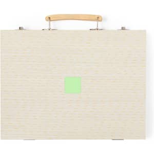 A wooden-handled pencil case in light cream with a small green square and metal fastenings. It features a logo.