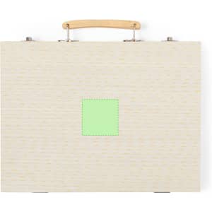 A pencil case in a natural wood finish with a wooden handle and a green square on the front, featuring a logo.