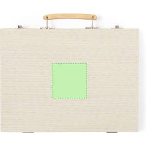 A pencil case featuring a light wood design with a green square, complete with a wooden handle and metal clasps.