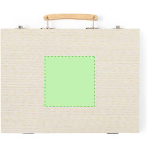 A beige pencil case featuring a wooden handle and a green square area, with a subtle pattern on the surface.