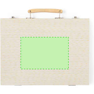 A pencil case with a wooden handle, featuring a textured light beige exterior and an empty green area on the front.