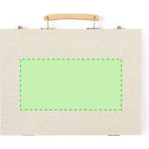 A pencil case featuring a textured light beige exterior, a wooden handle, and a green empty rectangular space.