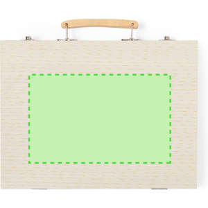 A pencil case with a wooden handle, featuring a textured cream exterior and a green outlined area for customisation.