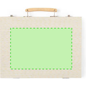 A pencil case with a textured light wood finish and a green empty space for customisation. Features a wooden handle.