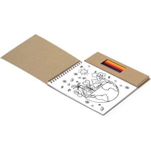 A set featuring a spiral-bound sketchbook with an illustrated globe design and a pack of coloured pencils in various hues.
