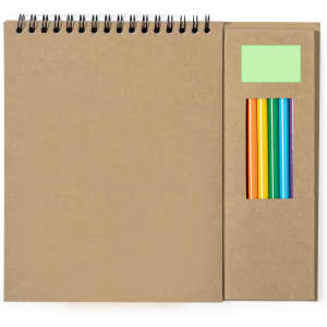 A coloured pencil set in orange, yellow, green, blue, and purple, alongside a spiral-bound sketch pad.