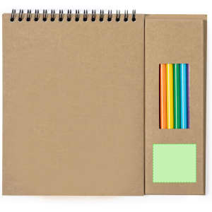 A spiral-bound notebook with a card cover featuring five coloured pencils in orange, blue, green, yellow, and red.