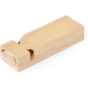A wooden whistle in a natural finish, featuring two holes and a carved mouthpiece.