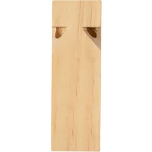 A wooden whistle with a natural finish, featuring a simple design and two openings for sound production.