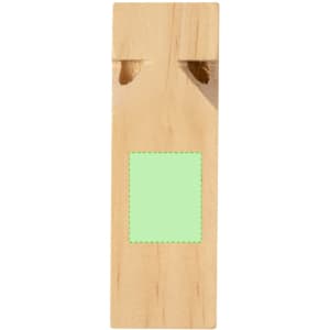 A wooden Snaider Whistle with a light green rectangle for branding. Features two cut-out holes for sound.