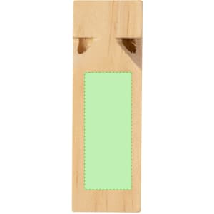 A wooden whistle with a rectangular cutout for branding, featuring a light green background.