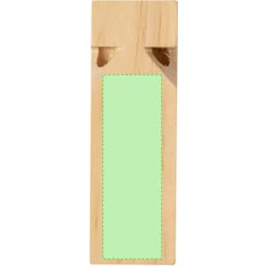 A wooden whistle featuring two sound holes, unfinished wood colour with a green area for customisation.