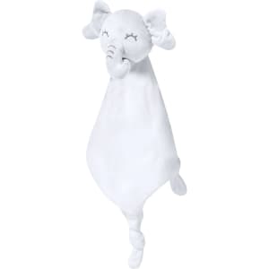 A soft plush toy in the shape of a white elephant, featuring a cute face and a knotted tail.