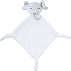 A plush toy featuring a grey elephant head atop a white, diamond-shaped blanket with knotted corners.