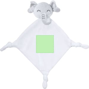A grey elephant plush toy with a diamond-shaped white blanket, featuring a blank green square in the centre.