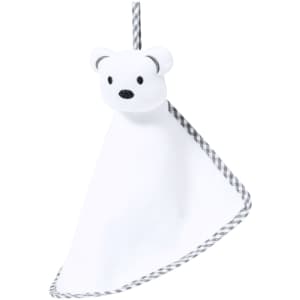 A plush toy doudou featuring a white bear head attached to a white triangular cloth with black and white striped trim.