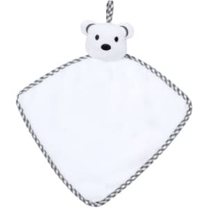 A plush toy doudou in the shape of a white triangular blanket with a bear head and grey trim.