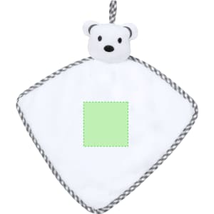 A plush toy featuring a triangular shape with a bear head and grey trim, predominantly white with a green square patch.