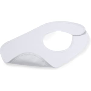 A white sports bib with a rounded neck hole and a logo, designed for athletic use.