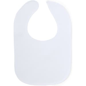 A white bib with a rounded neckline and soft edges, featuring a logo in the design.
