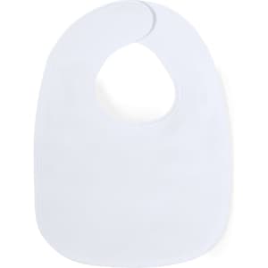 A white bib with a rounded neckline and an overall simple design. It features a logo.