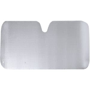A silver sunshade with a textured surface, featuring a cut-out in the centre, designed for blocking sunlight.