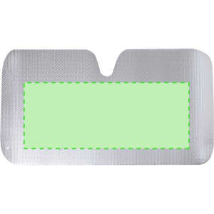 A silver sunshade with a cutout at the top and a green area in the middle, featuring a logo.