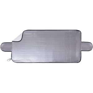 A grey sunshade with a smooth texture and black trim, featuring two side handles for easy handling.