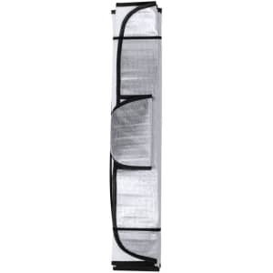 A silver and black sunshade folded for storage, designed for leisure and outdoor use. It features a branding logo.