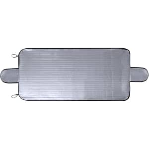 A rectangular silver sunshade with black edging and two side handles for easy transport.
