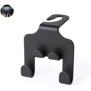 A black car phone holder featuring a hook design and two supports for stability. It includes a logo on the corner.