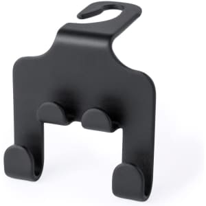 A black car phone holder with a hook and three support grips for secure phone placement. Features branding.