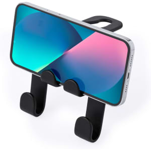 A black car phone holder with a smartphone securely placed in it, featuring a sleek design and practical hooks.