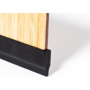 A black rubber ice scraper with a bamboo handle, featuring a smooth edge for effective scraping.