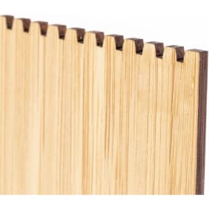A wooden ice scraper with a smooth, natural finish and notched edges, featuring a branding logo.
